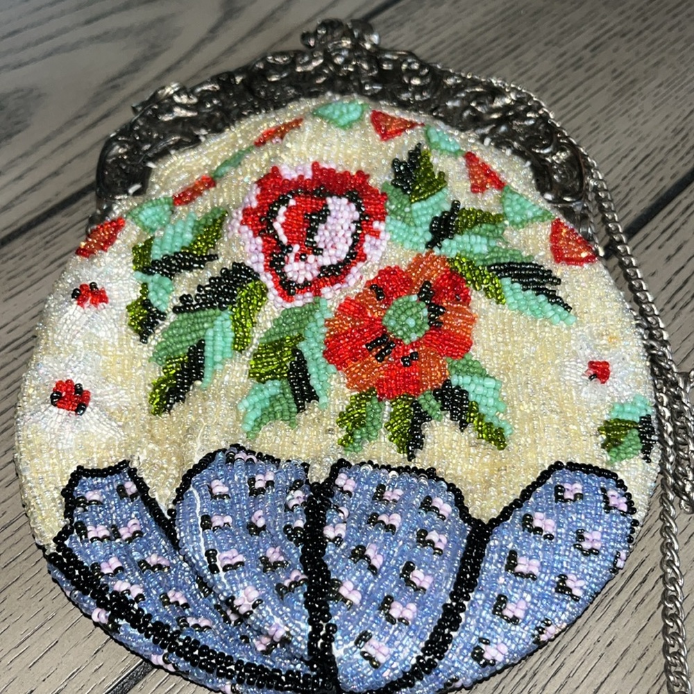 VTG Christiana 100% Silk Hand Beaded Purse Art Deco W/ Mirror & Long Chain - Picture 6 of 10